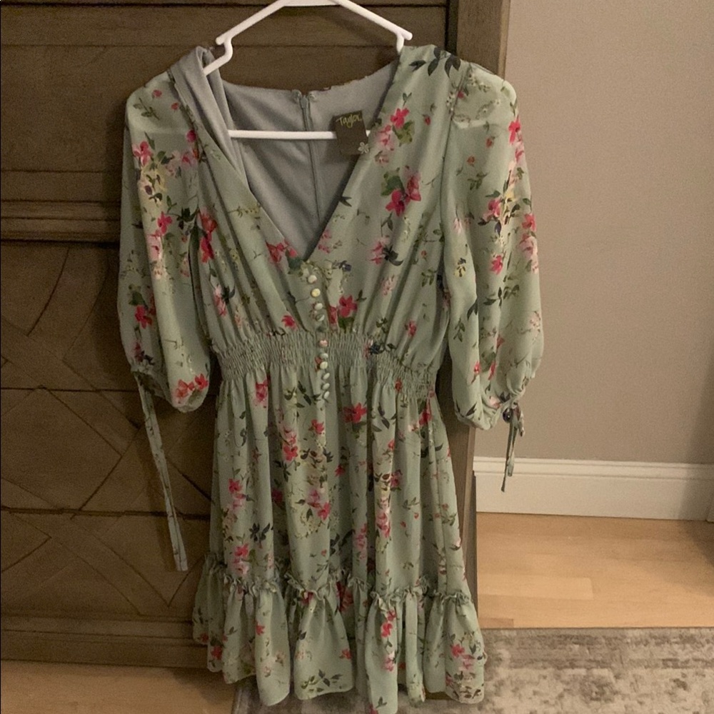 Floral Green Dress with Pink Accents